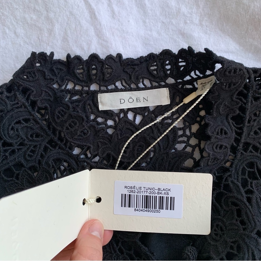 NWT Doen Roselie Linen Lace Crochet Collar 3/4 Sleeve Tunic Mini Dress Black - Picture 12 of 16